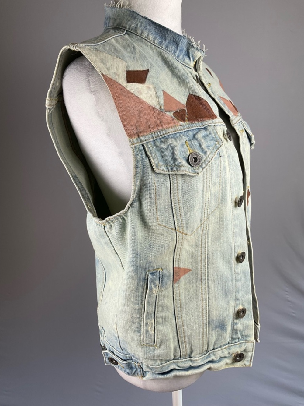 Hand Painted Denim Vest Wearable Art Geometric Streetwear Festival Boho Small - Picture 6 of 16